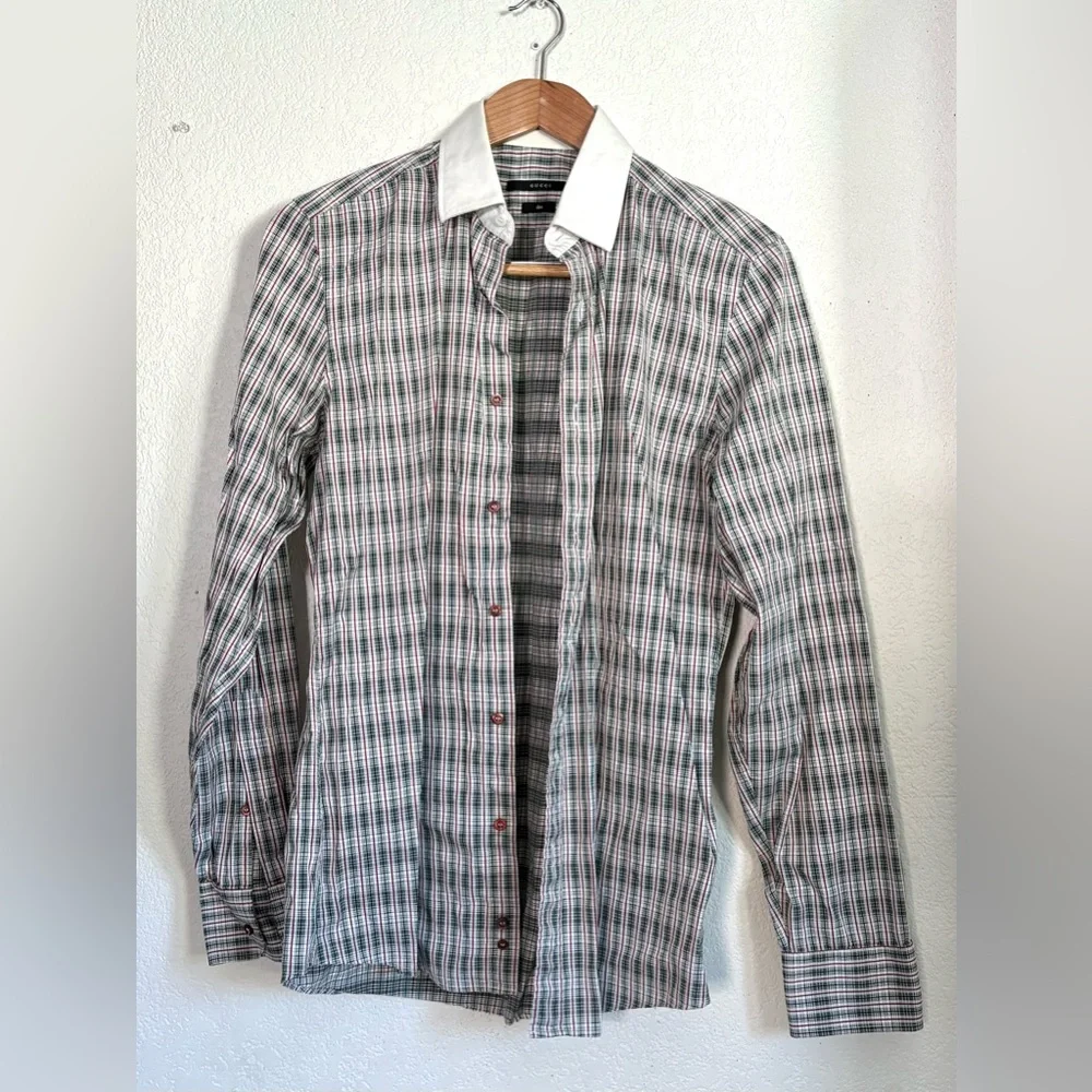 Vintage Slim Fit Gucci Green with Red Plaid White Collared Button Down size 39